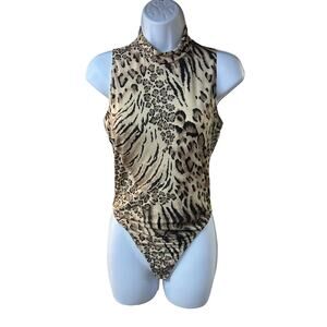 Cache Leopard Print Bodysuit Mock Neck Sleeveless Thong Y2K Stretch Top